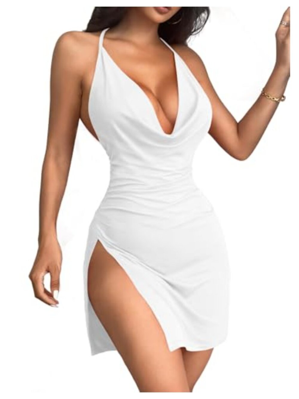 Women's Backless V Neck Mini Dress High Slit Club Party Cocktail Bodycon